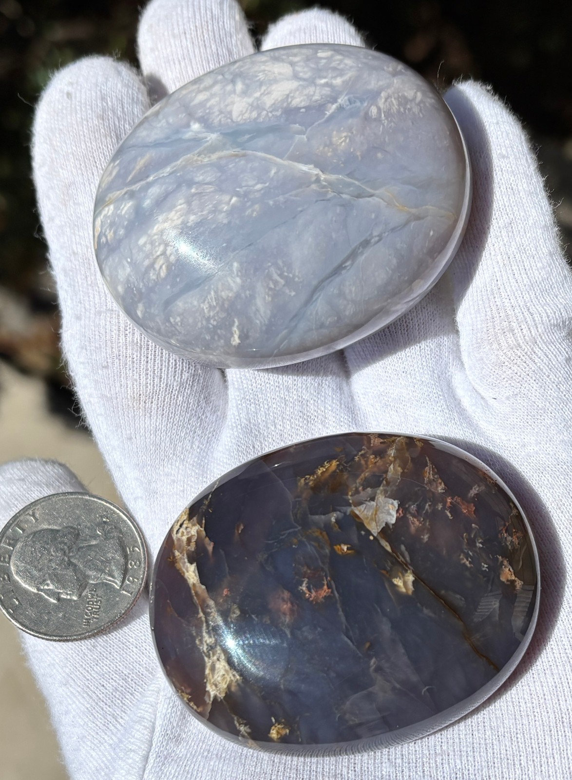 USA SALE LOT 2 “PURPLE” CHALCEDONY PALMSTONES PALM STONE STONES DARK BLUE GRAY