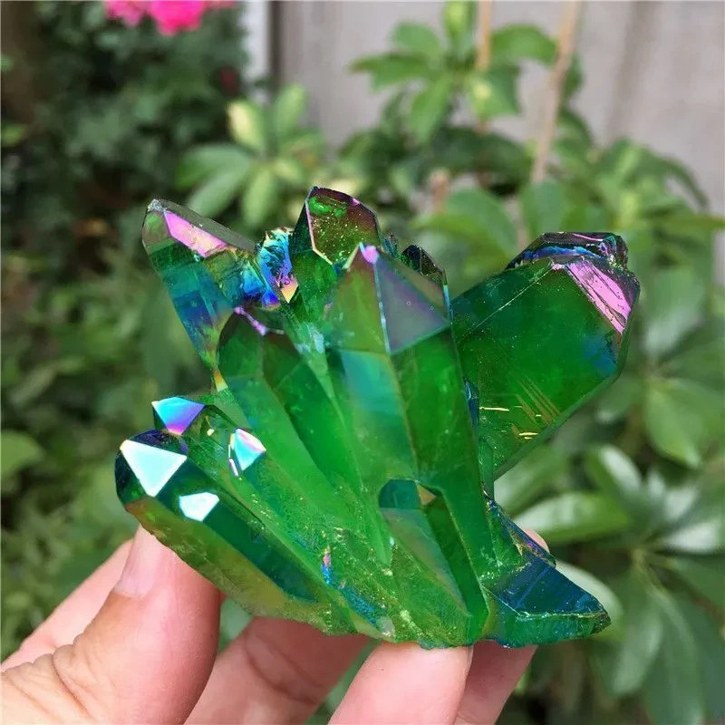 80-100g Titanium Aura Green Healing Crystal Quartz Cluster Geode Home Decor
