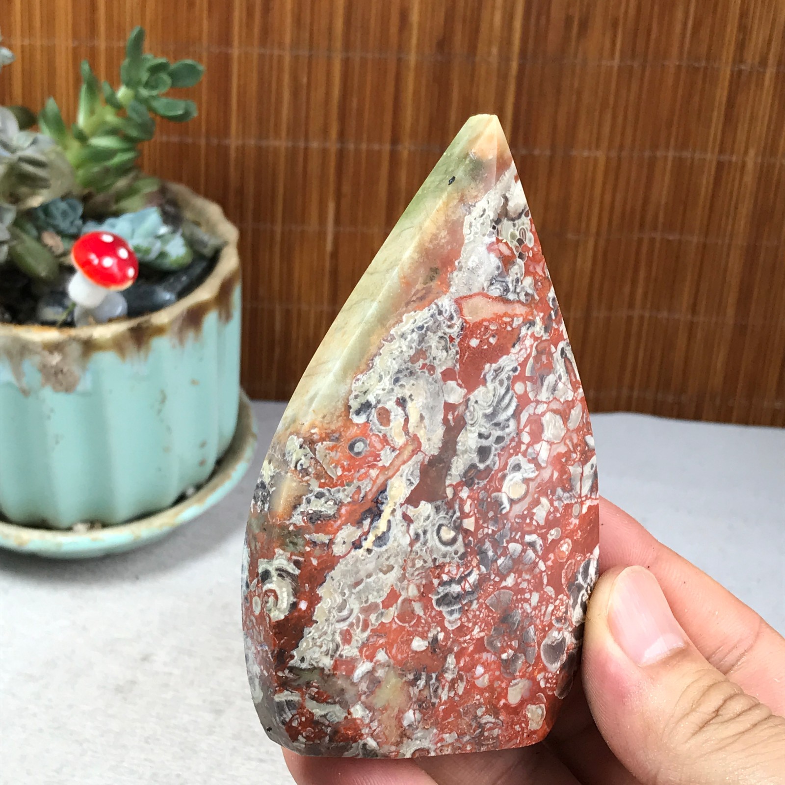 Natural money Mexico agate hand carve leaf Crystal Specimen free standing A6262