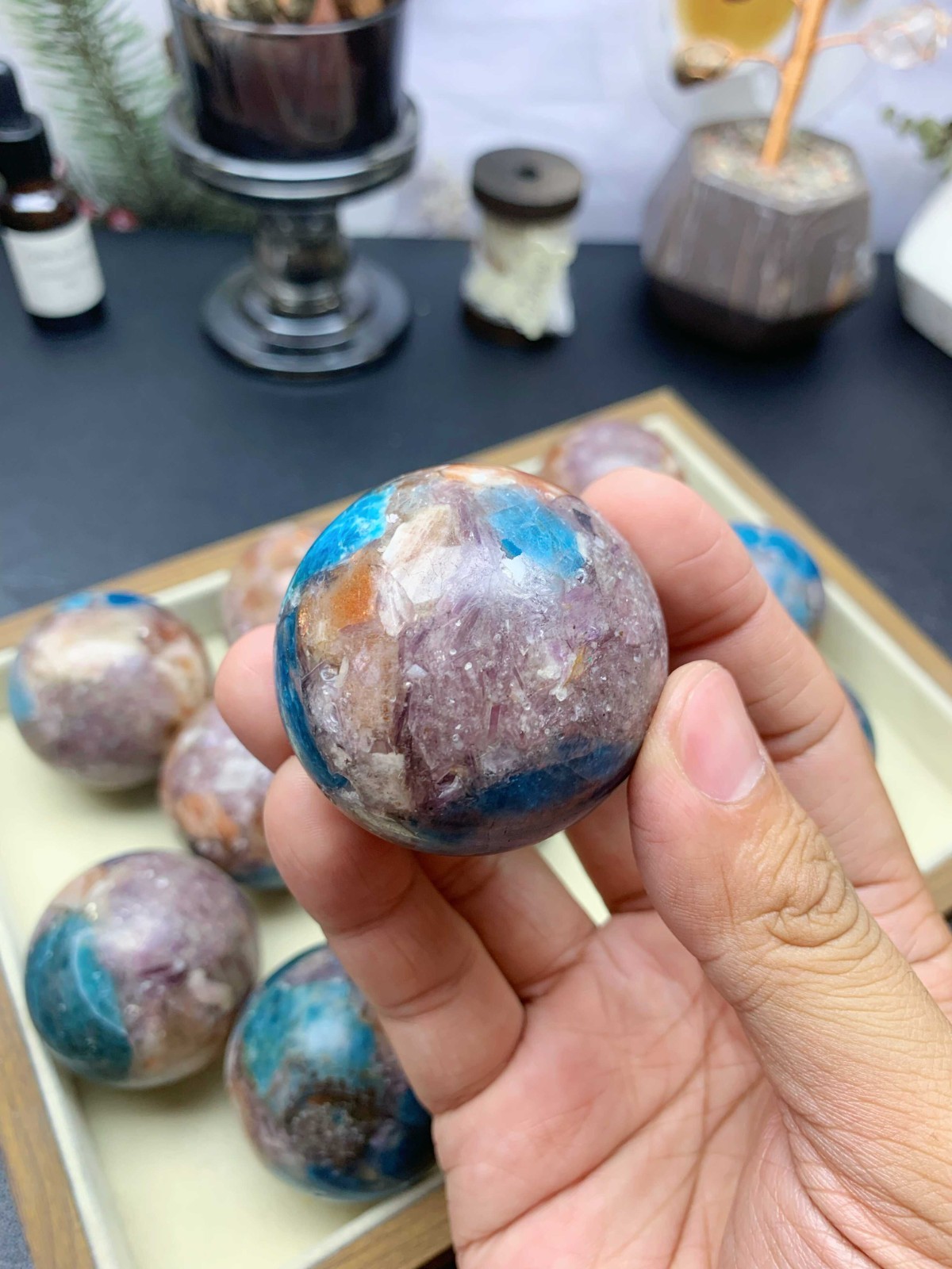 Composite Crystal Sphere 5cm, Apatite Sunstone Purple Mica with Wooden Stand