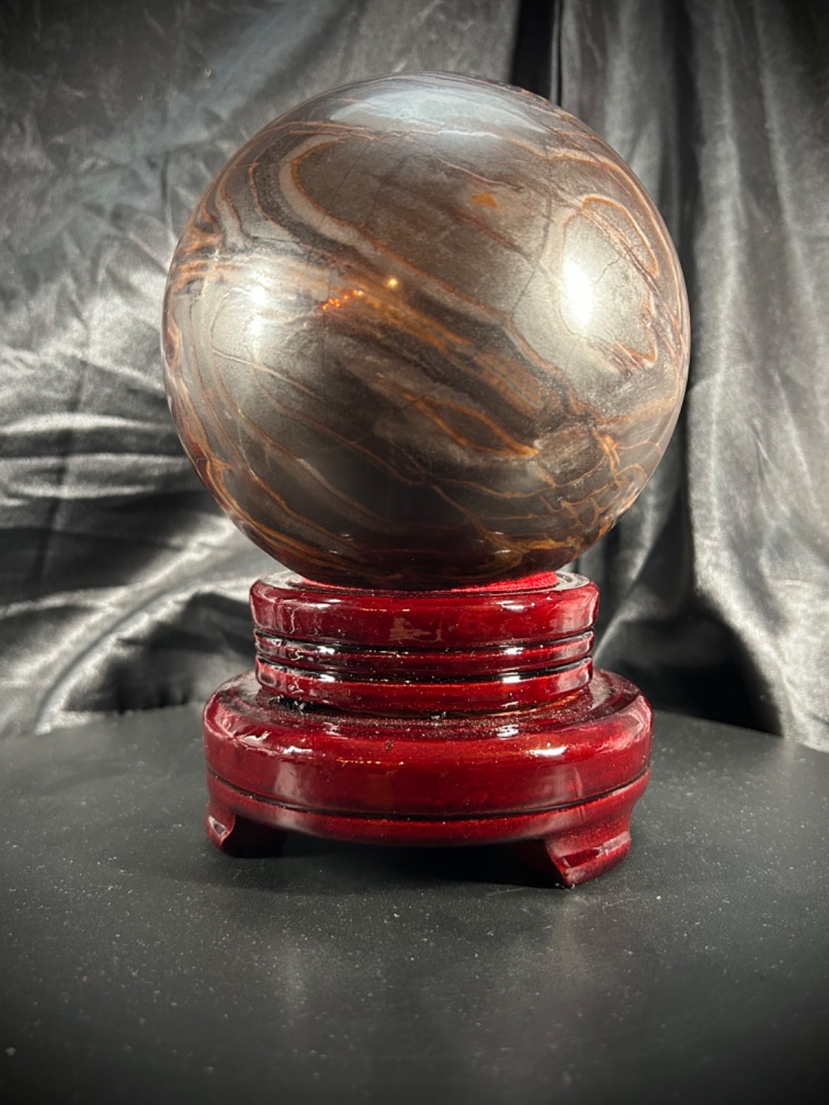 5″ Unique Tiger Iron (AKA Mugglestone) Sphere With Wood Swivel Stand 7lb 4.5oz
