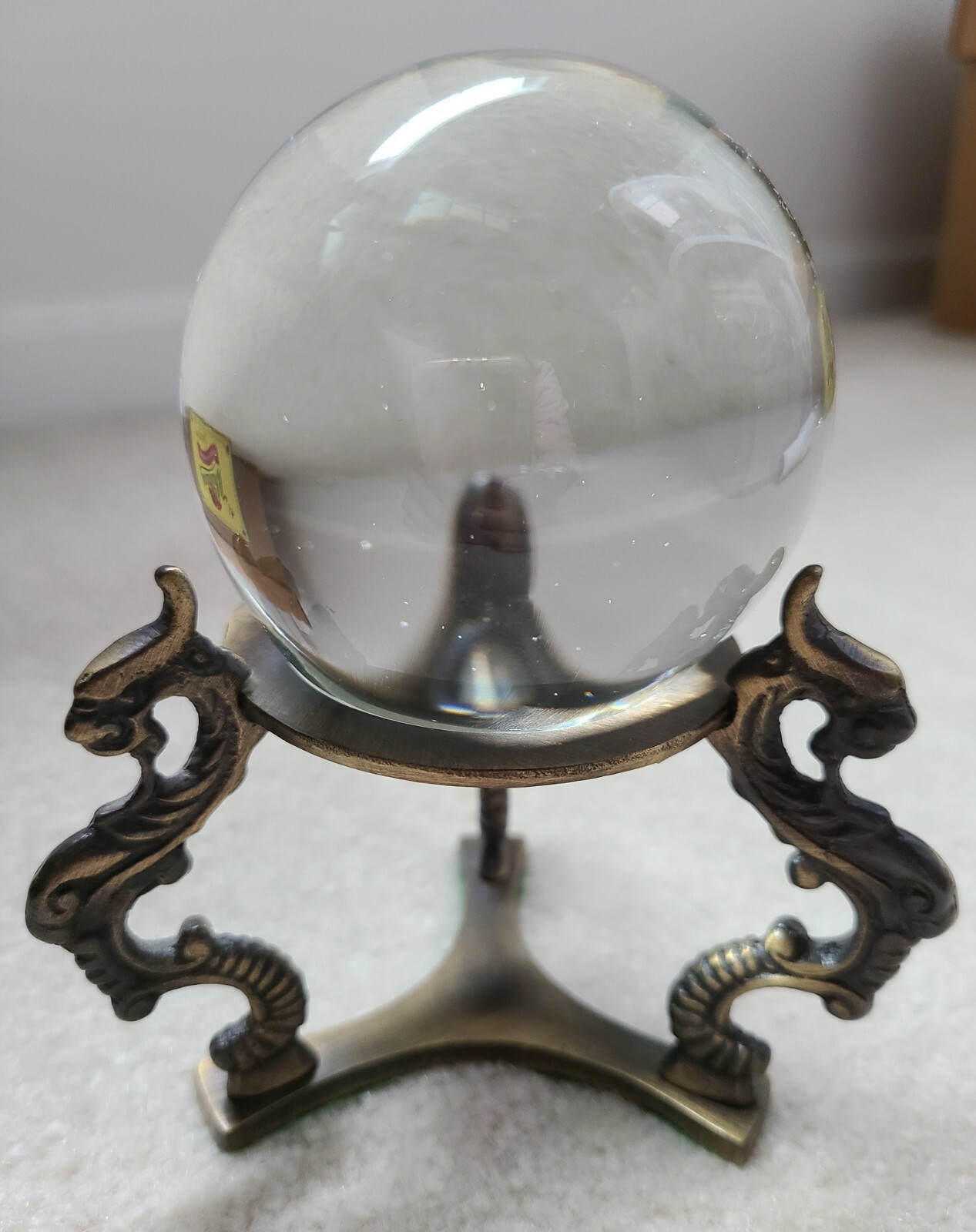 Clear Crystal on Brass Dragon Stand No Chips Not Round has Flat Bottom 3″