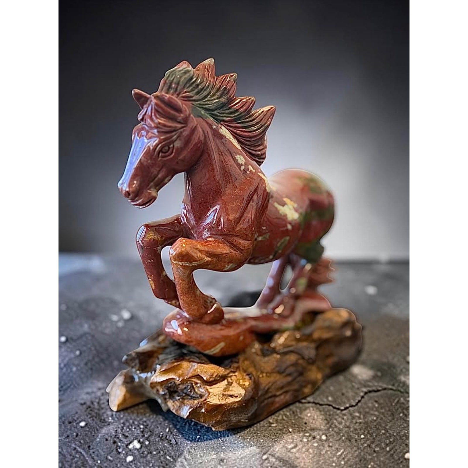 Ocean Jasper Running Horse Sculpture – Hand Carved Crystal Horse on Wood Base