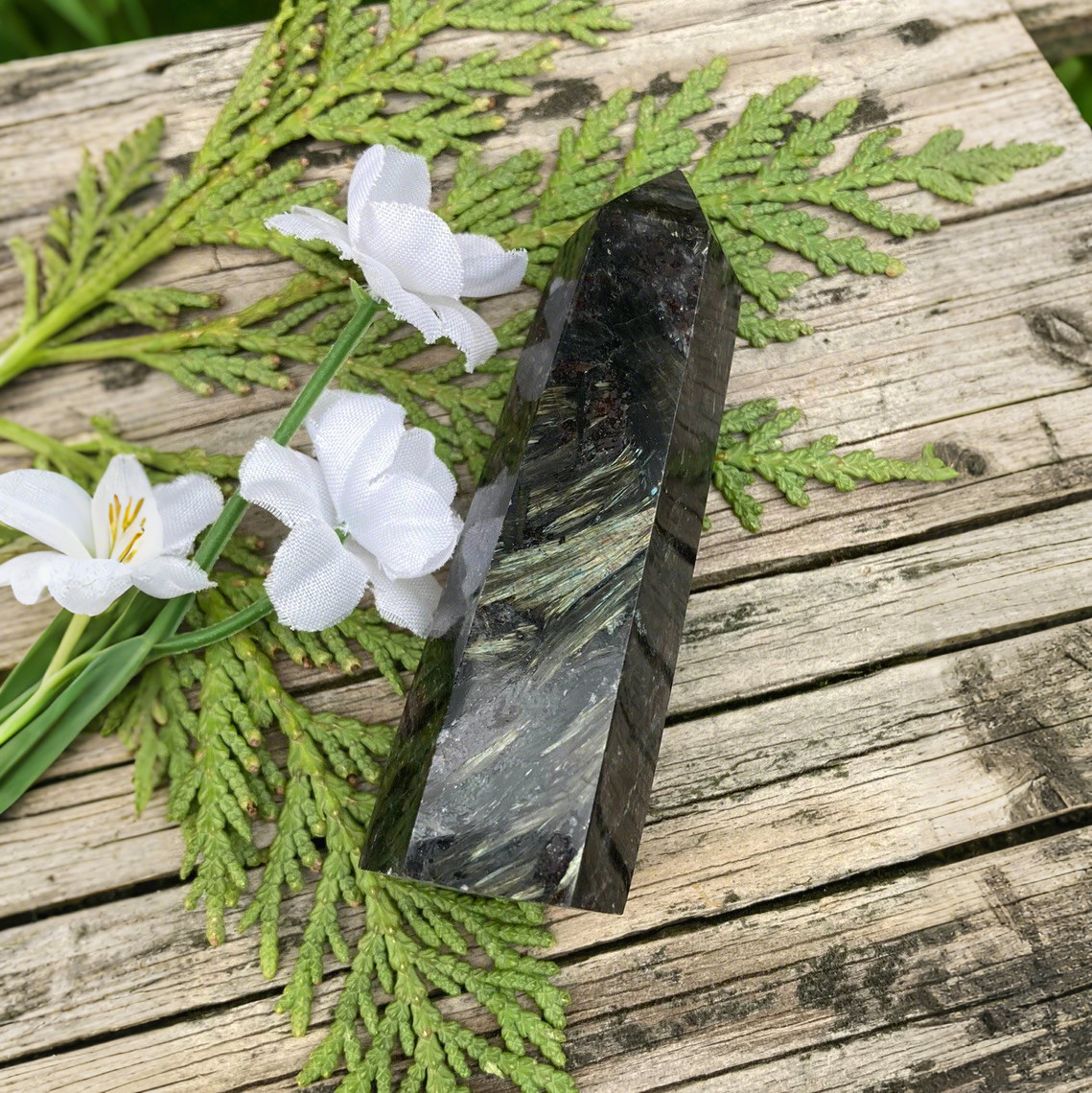 Natural Rare Arfvedsonite Tower Point Hexagon Polished Wand Obelisk Stone Decor