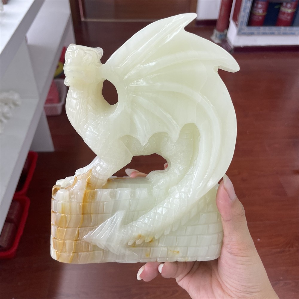 5LB 7.4″ Natural Afghan Jade Castle Flying Dragon Crystal Quartz Reiki Carving