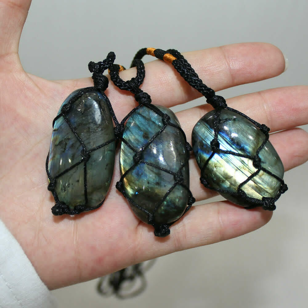 Wrap Women Mens Natural Stone Necklace Labradorite Pendant Crystal Moonstone