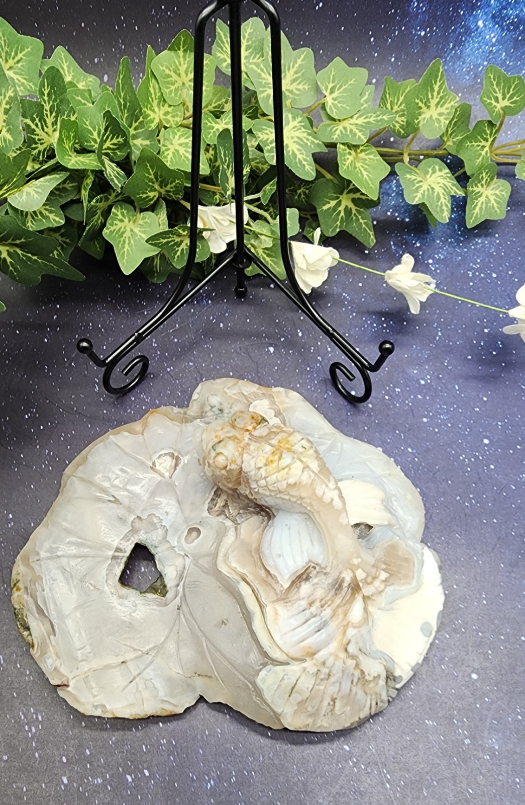 Flower Agate Koi Fish On Lily Pad Carving Unique Handcrafted Crystal Art /Stand