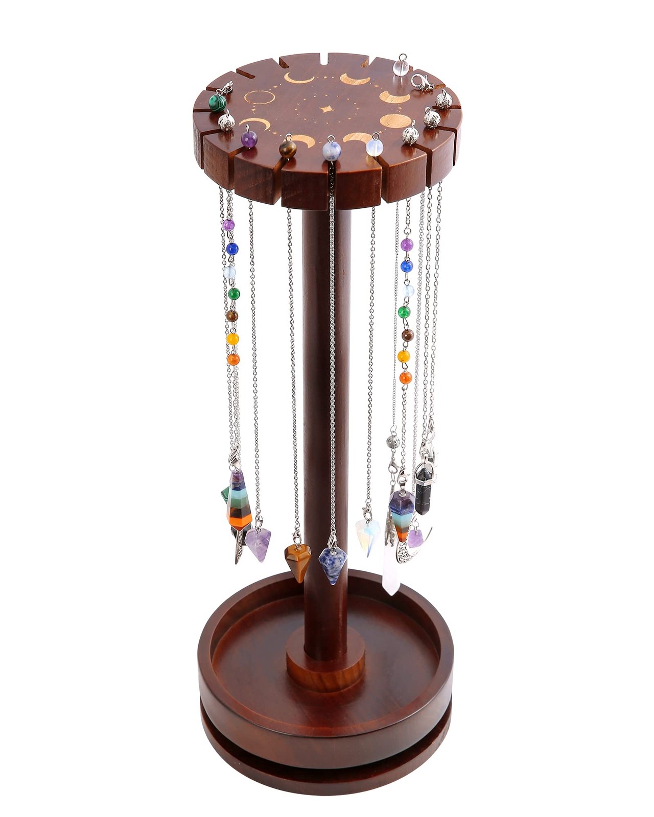 Moon Phase Pendulum Display Stand with Tray, Wood Wiccan Rotating Crystal Hol…