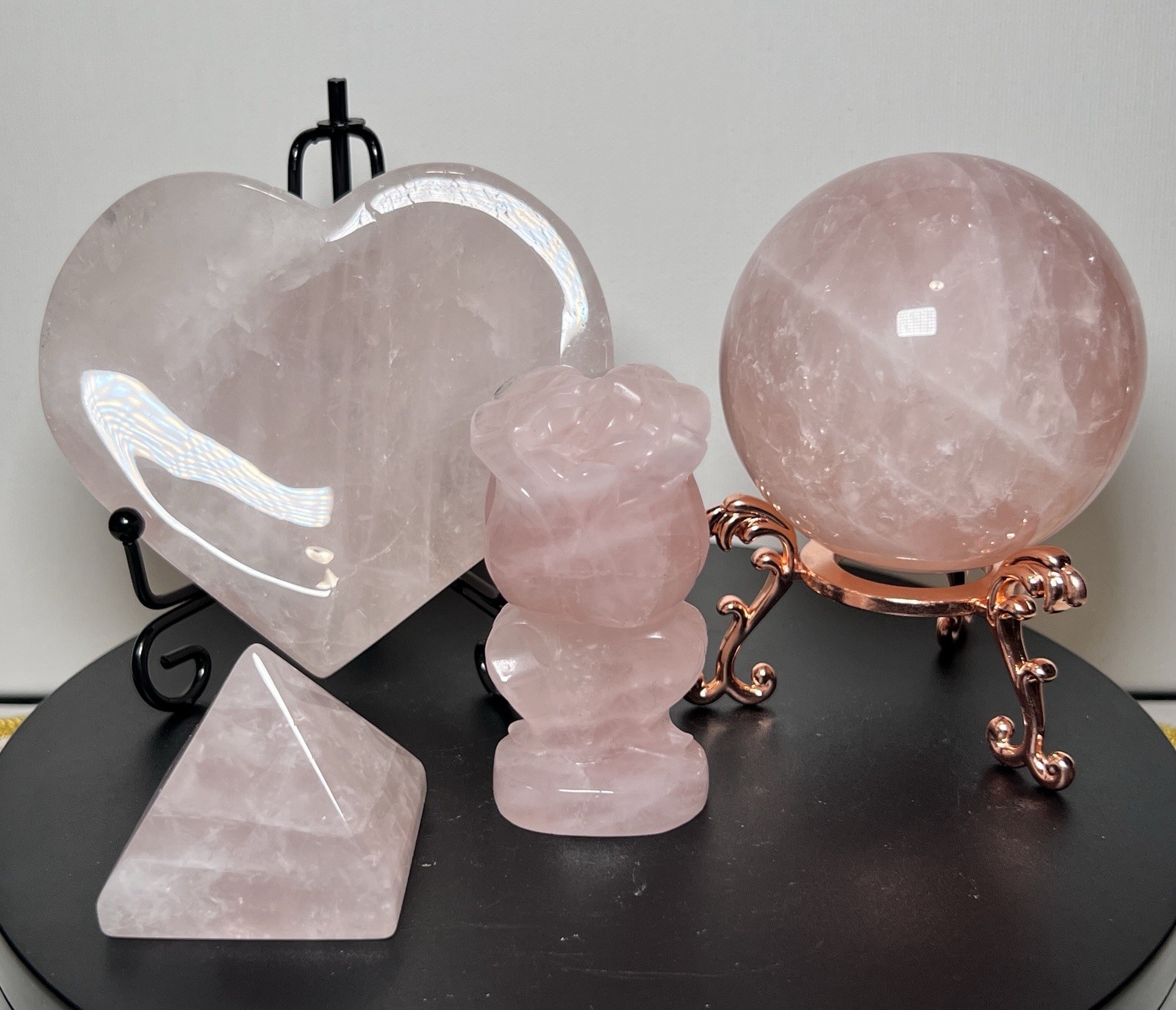 Rose Quartz 4 Piece Set – Heart bowl, Rose, Pyramid, & Sphere (68mm)
