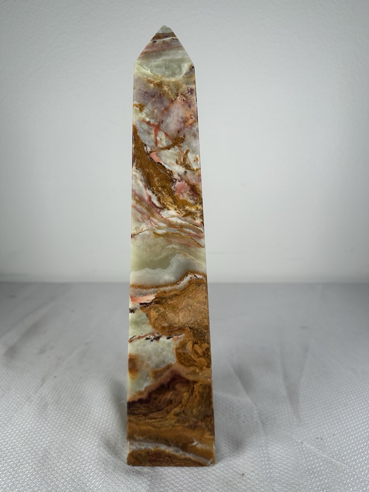 Natural Banded Onyx Green Brown White Obelisk Tower HEAVY 13.5″ Tall Paperweight