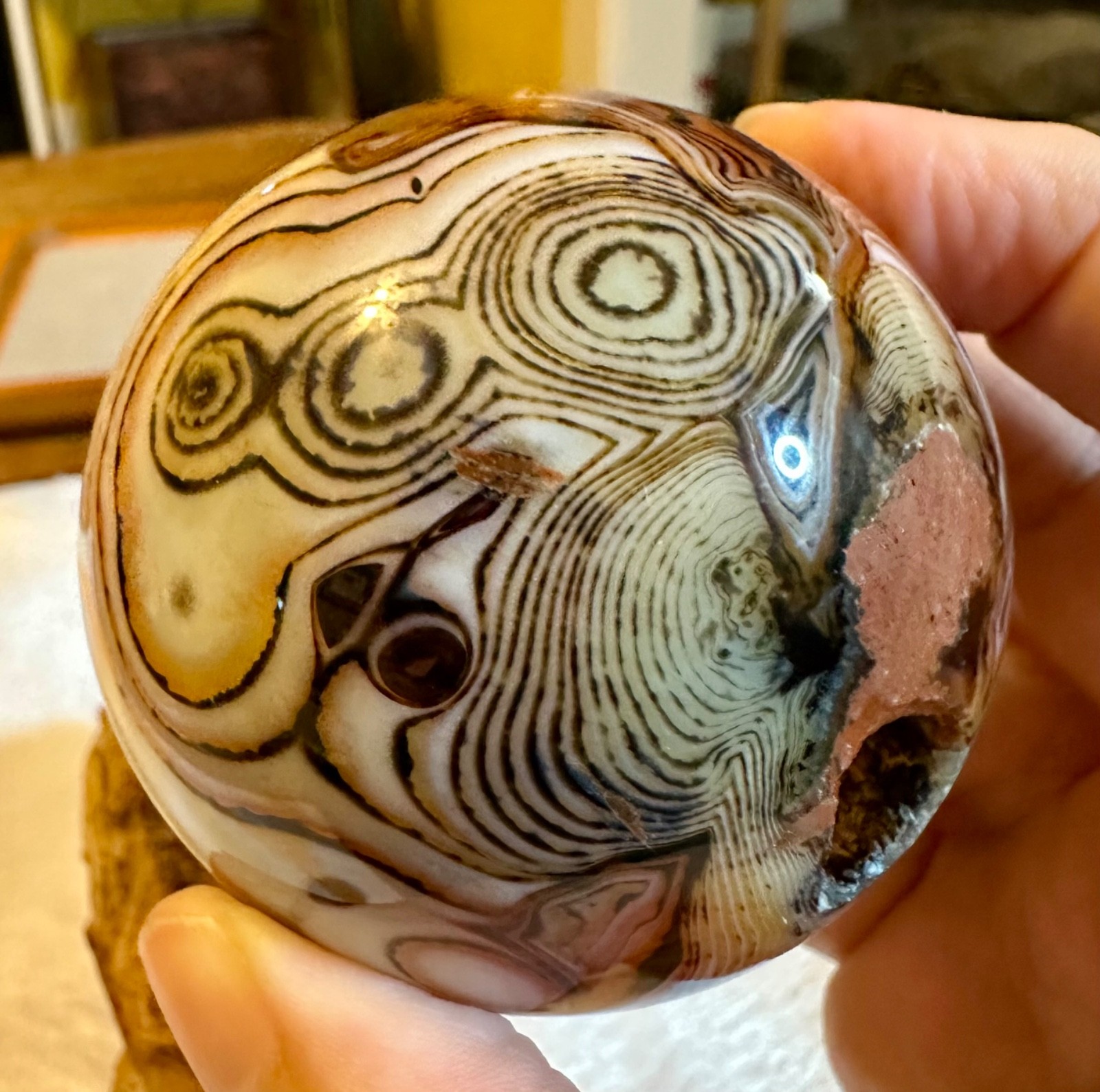 Fantastic carnelian red crystal sphere with natural wooden stand Free shipping!