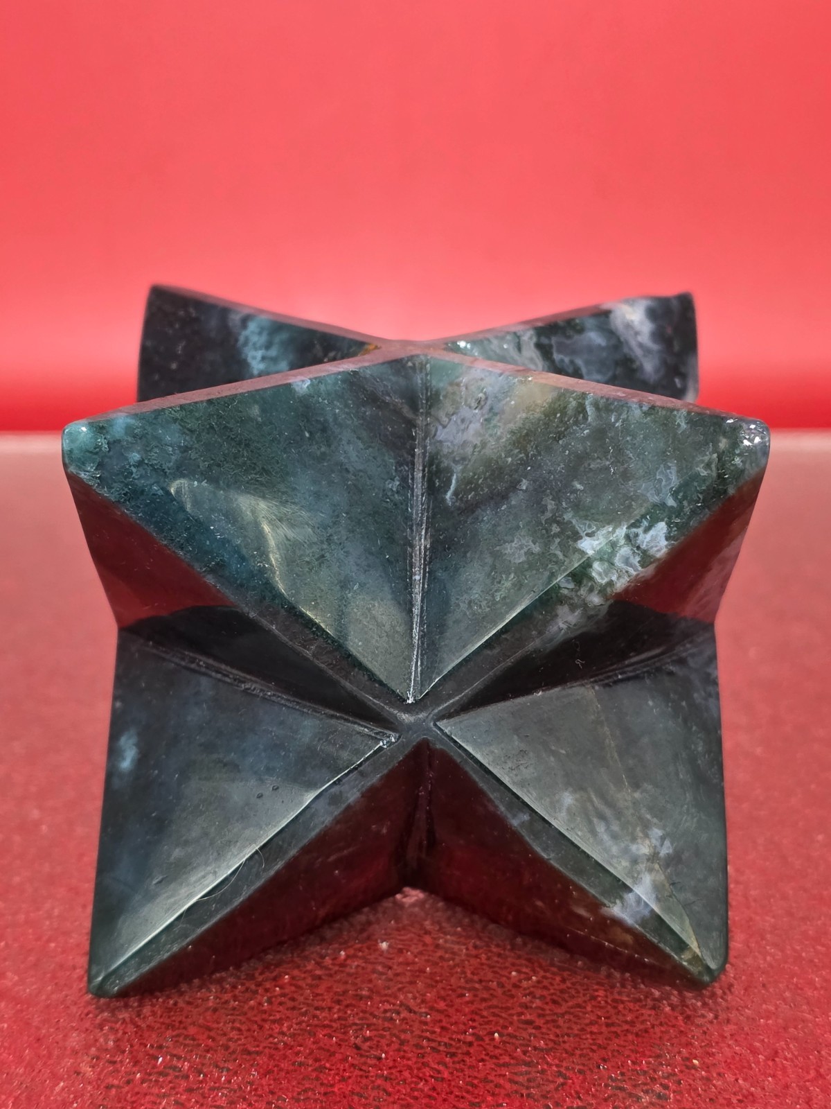 423g Moss Agate 8 Point Merkaba Star Carving Crystal Sacred Geometry Healing
