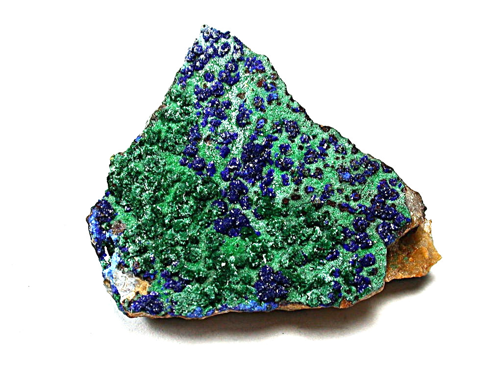 MINERALS : FIBROUS MALACHITE WITH BLUE AZURITE AND WHITE CERUSSITE XTLS, MOROCCO