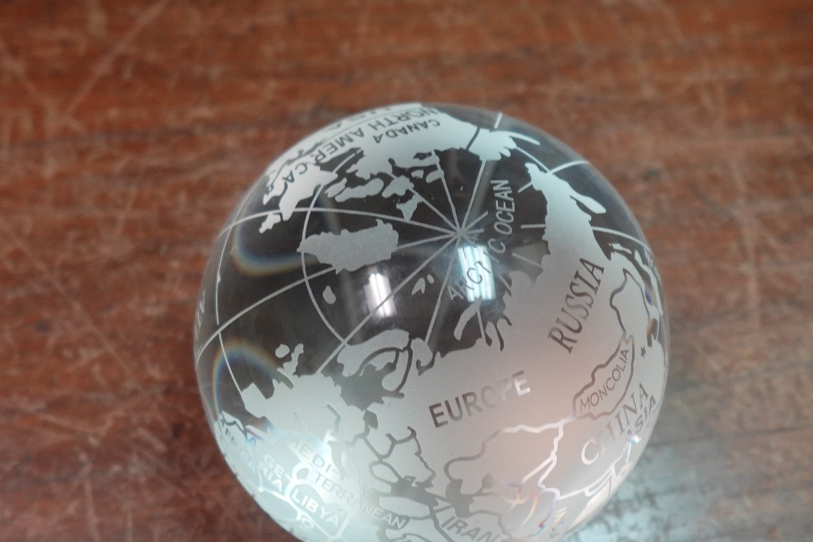 4″ tall World Globe Earth Sphere Etched Frosted Glass Ball Paperweight NO STAND