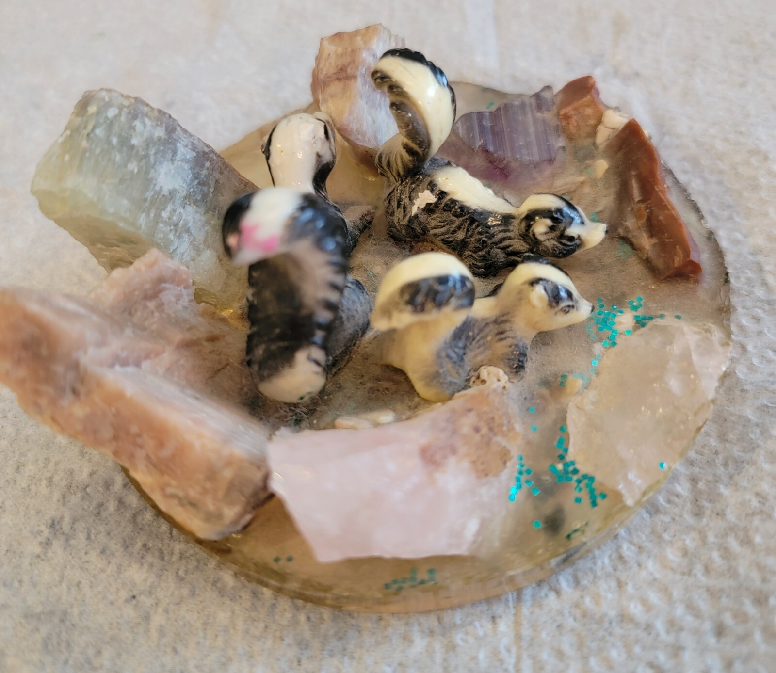 Skunk Family On Lucite Acrylic Base With Crystal And Mineral Stones