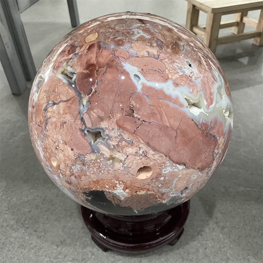 55.1LB 10.4″ Large Natural Flower Agate Geode Sphere Magic Crystal Reiki Ball
