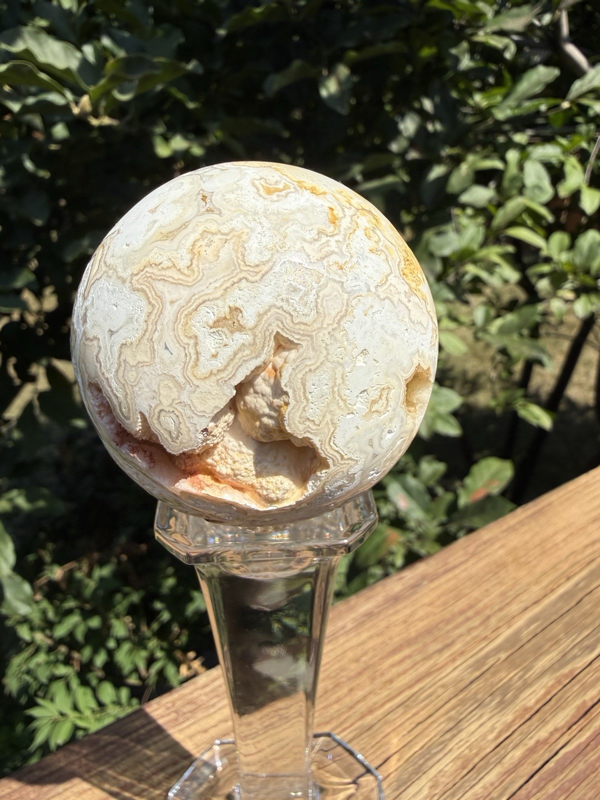 Pink Lace Agate Sphere 2.25 In With Tall Elegant Glass Stand 242g