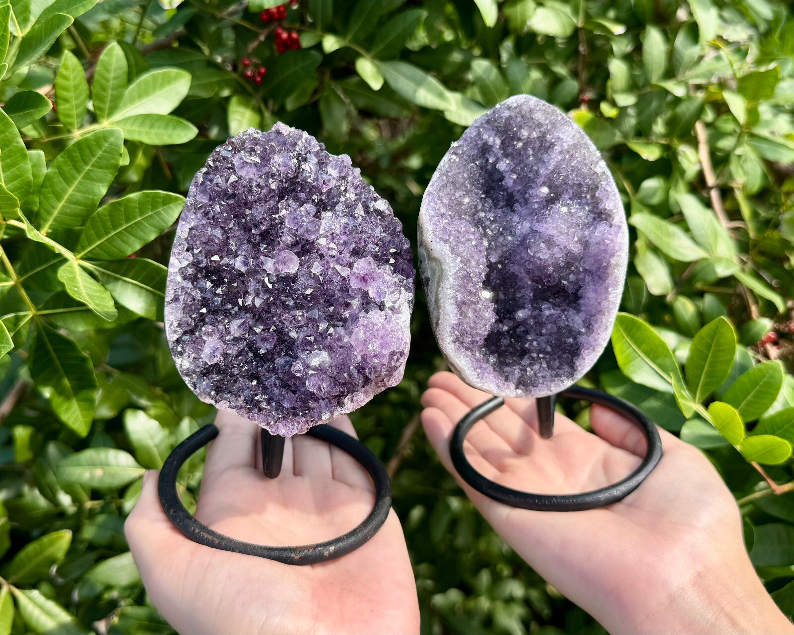 Amethyst Crystal Geodes On Metal Stands – Natural Amethyst Cluster Specimens