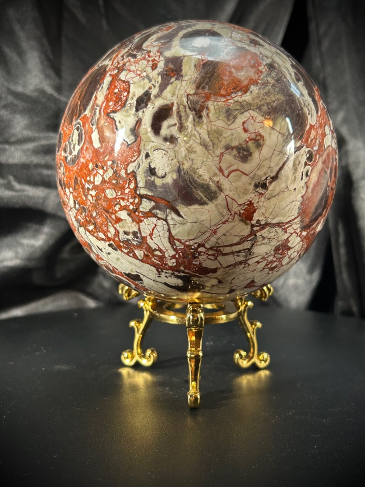 4.36″ Big Money Agate Sphere With Metal Stand 3lb 14.7oz (1777 grams)