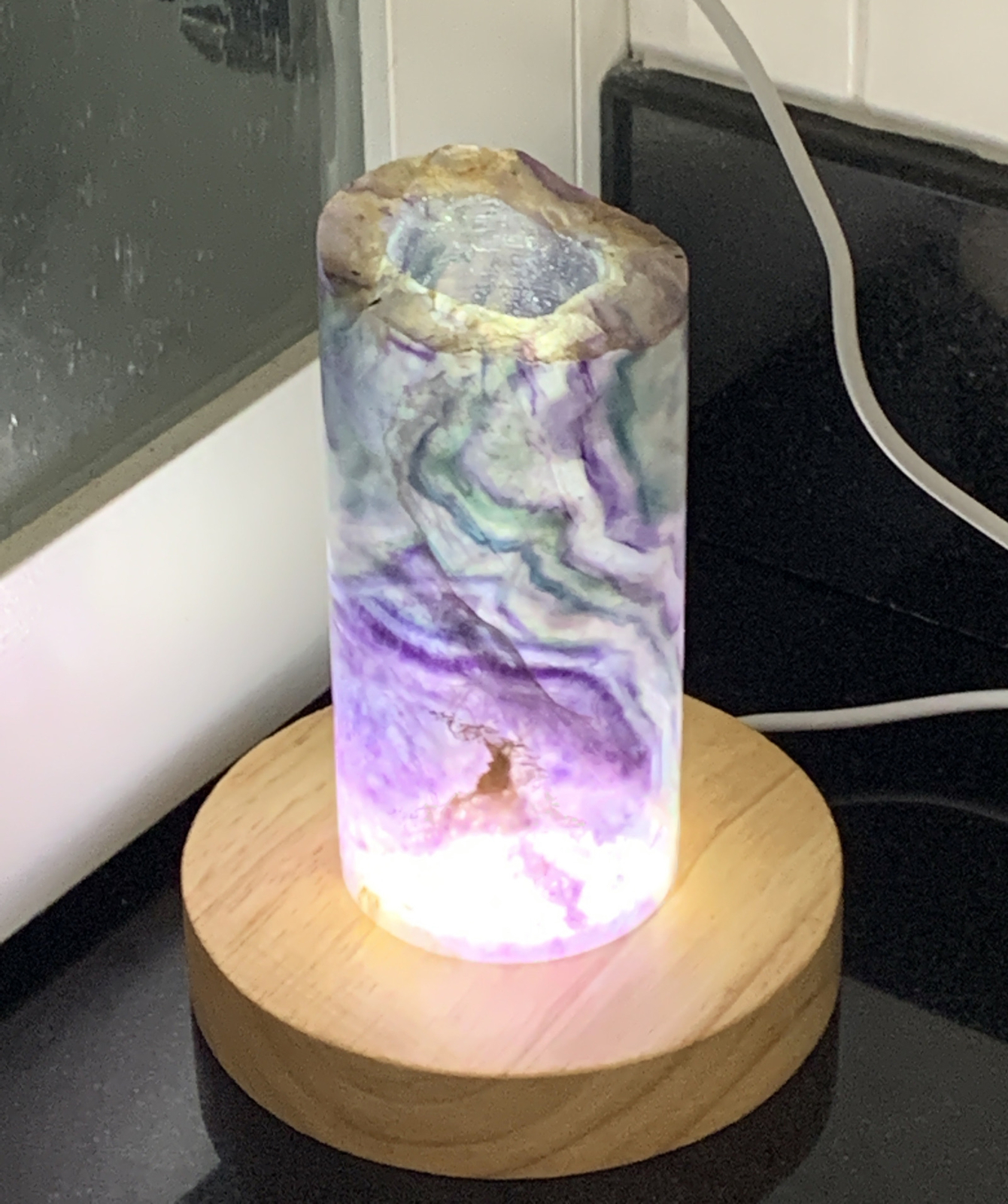 Rainbow Fluorite 4.25” Heavy Hollow Cylinder Night Light With LED Sphere Stand