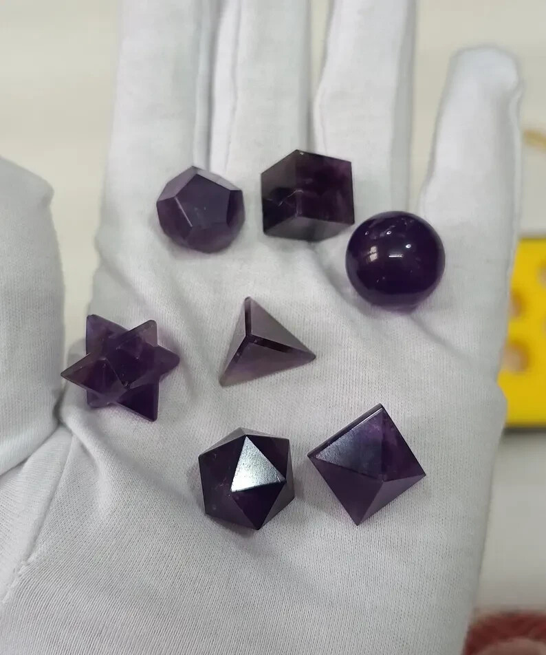 Natural Purple Amethyst Platonic solids set 7 Pieces, With Premium Box.