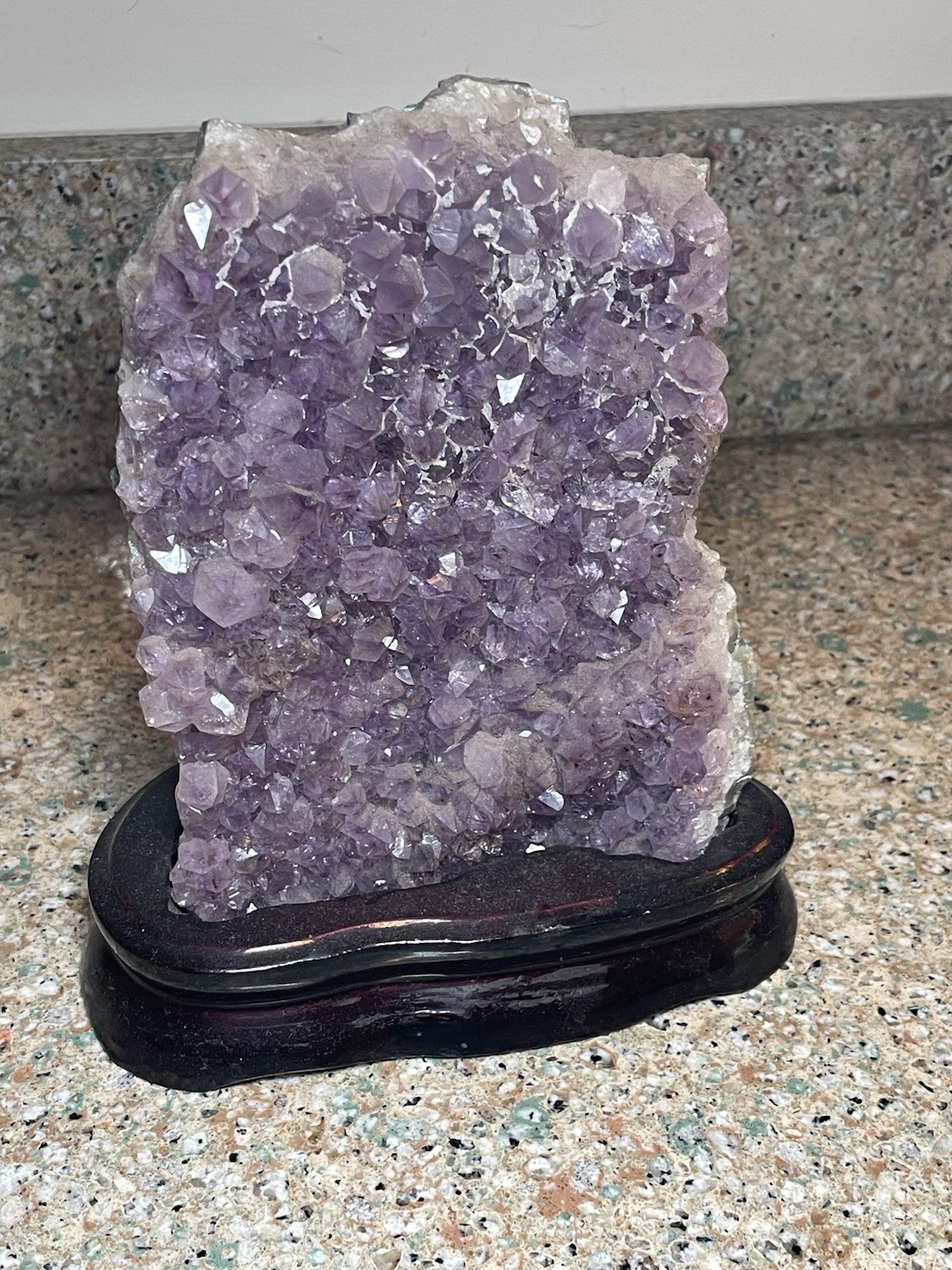 Natural Amethyst Crystal Cluster Geode Specimen on Wooden Display Stand 7”