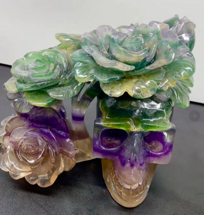 8.6LB Natural Color Fluorite Quartz Carved Flower Skull Crystal Reiki Decor Gift