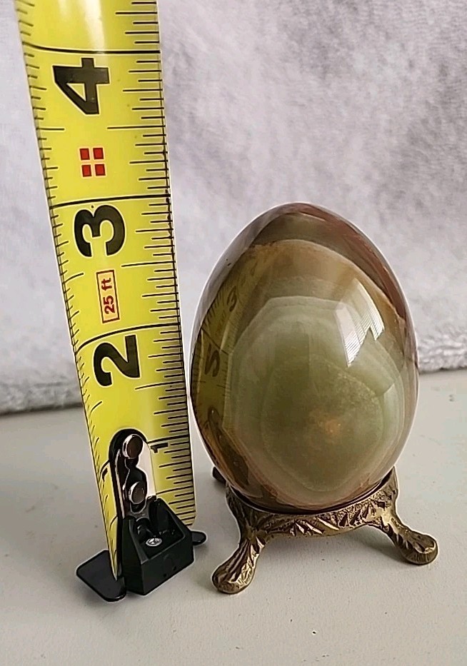Vtg 3″ Banded Onyx Stone Egg Multi Color Brown Green Cream with Brass Stand MCM