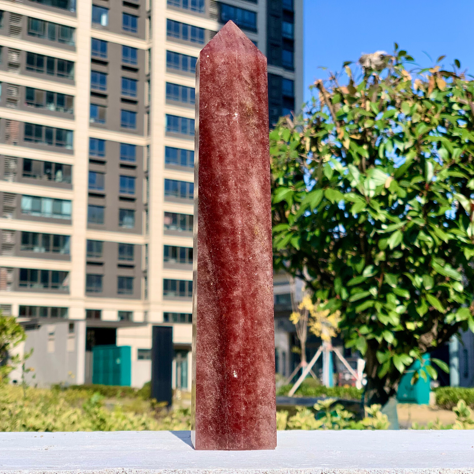 2.02LB Natural Large Strawberry Quartz Crystal Tower Point Obelisk Red Chakras
