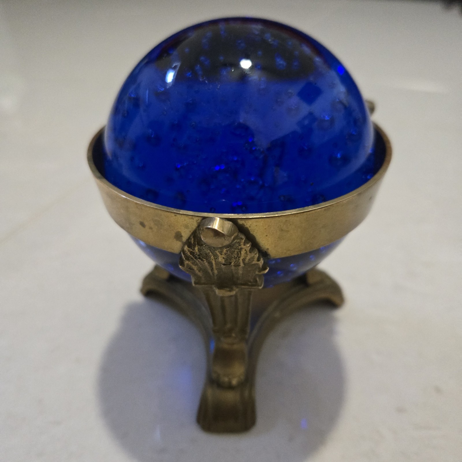 COBALT BLUE CRYSTAL GLASS BALL with BRASS STAND Fortune SPHERE Bubbles
