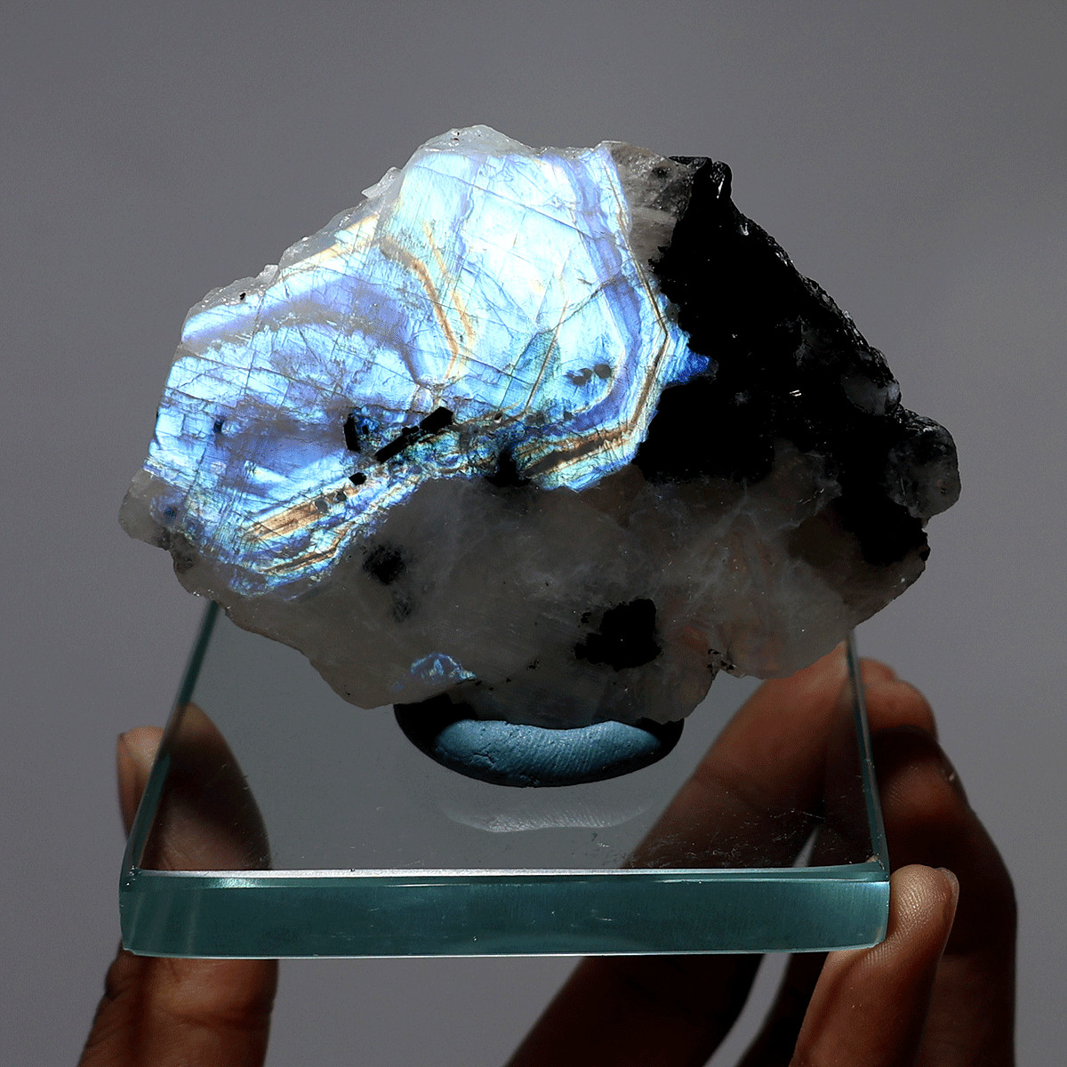 Divine Intuition — Natural Rainbow Moonstone W/ Tourmaline Electric Fire Slab