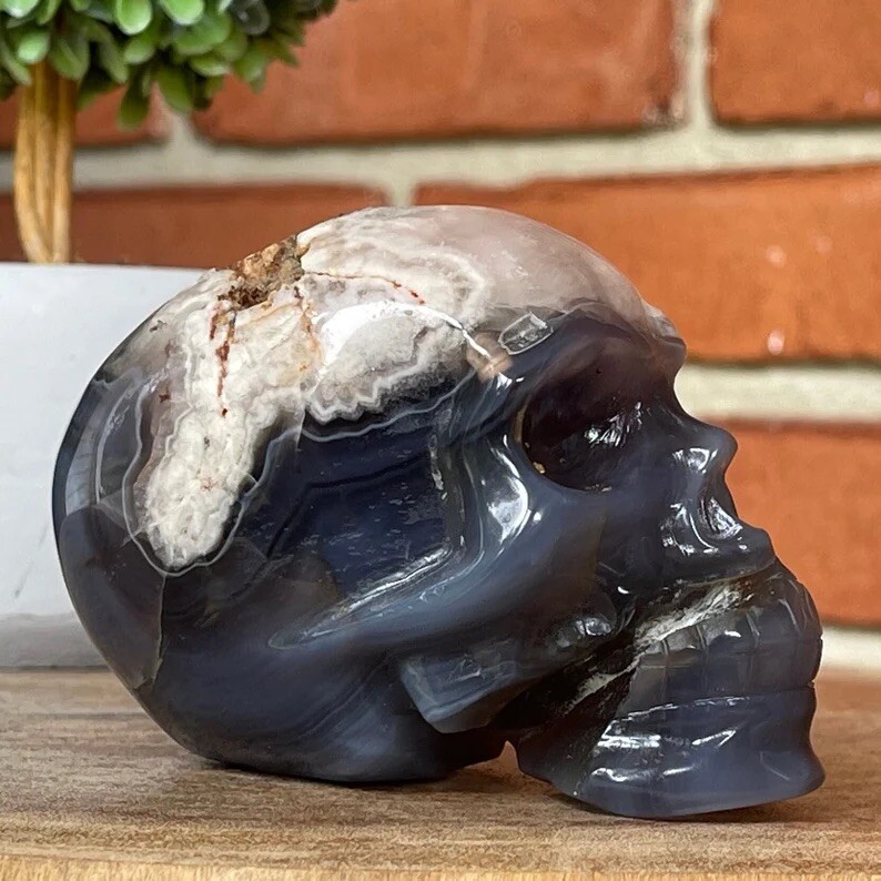 Natural Black Flower Agate W/Pink Amethyst Large Crystal Skull Gothic Home Decor