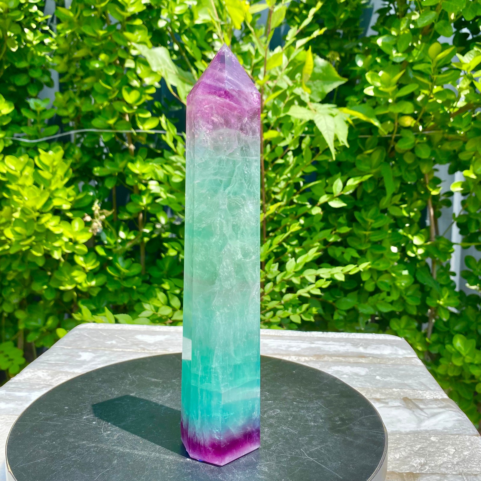 2.09LB Natural Rainbow Fluorite Obelisk Quartz Crystal Wand Tower Point Heal