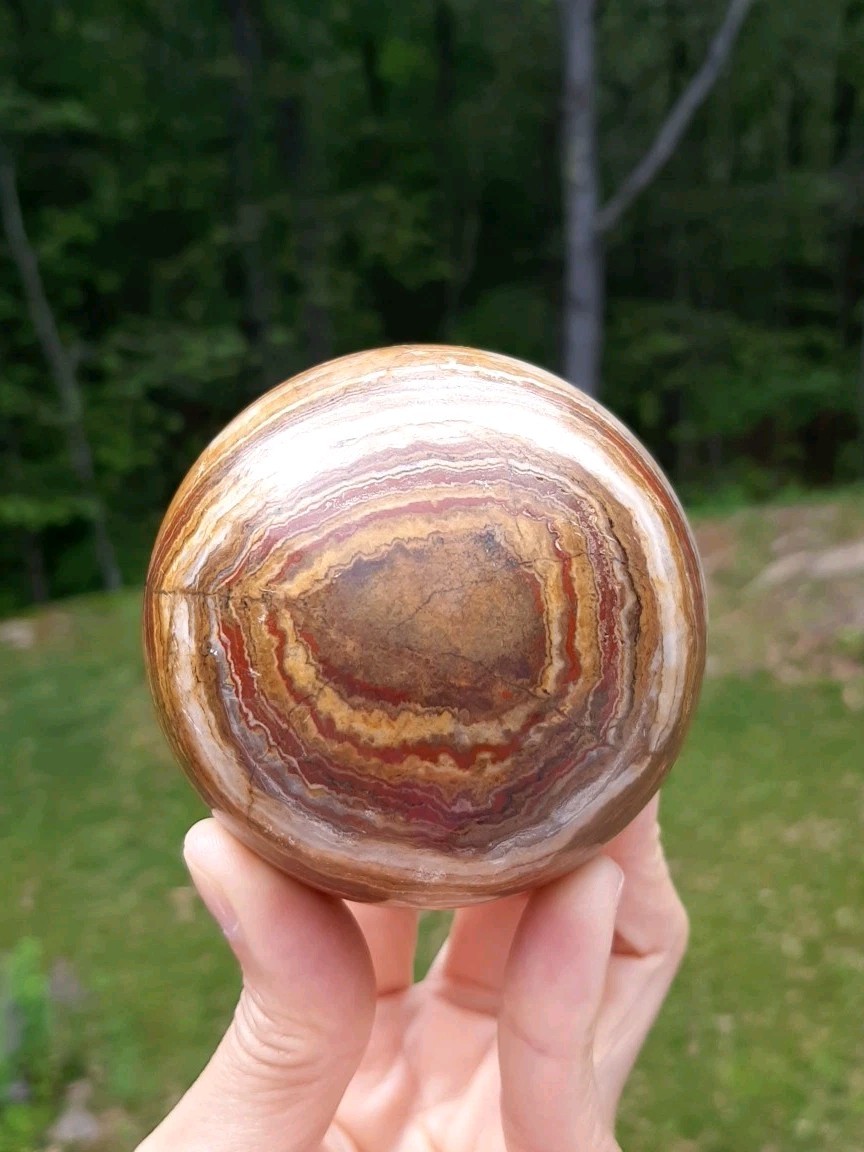 Banded Onyx Sphere Brown Tone Polished Stone Orb 3″ With Wood Stand
