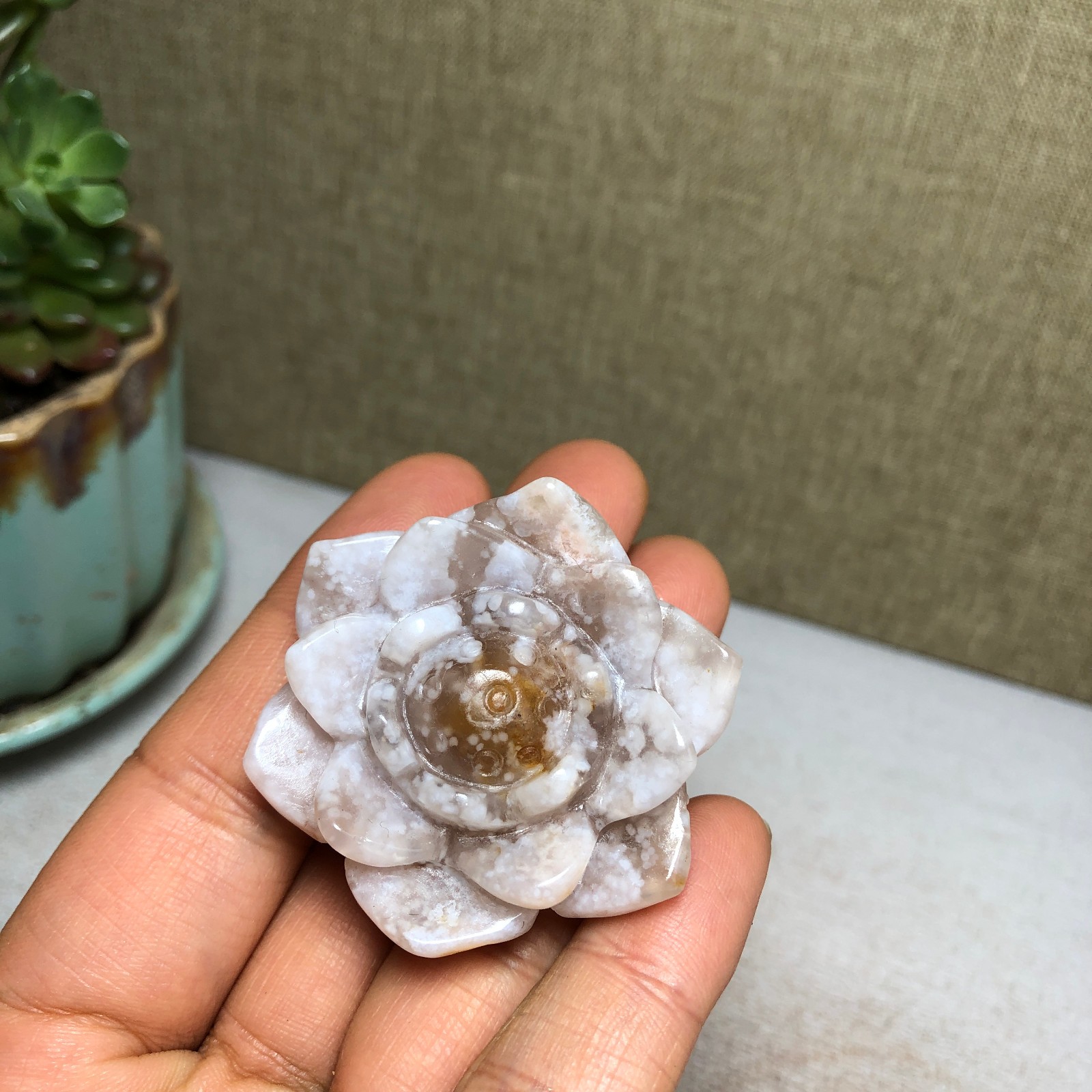 44mm Natural cherry blossom agate Hand carved flower Crystal specimens 38g A4456