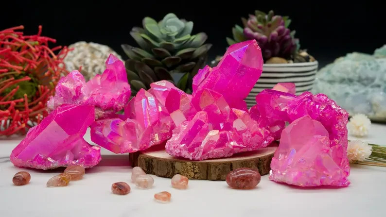 Titanium Angel Aura Quartz Geode Specimen Pink Crystal Cluster Desk Decor Gift