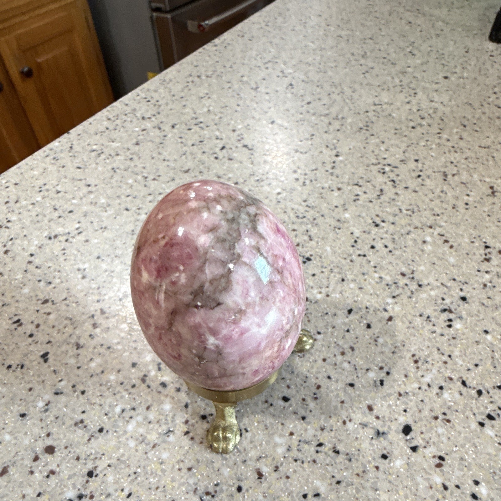 Polished Pink Crystal Mineral Egg Display Specimen on Brass Tone Stand
