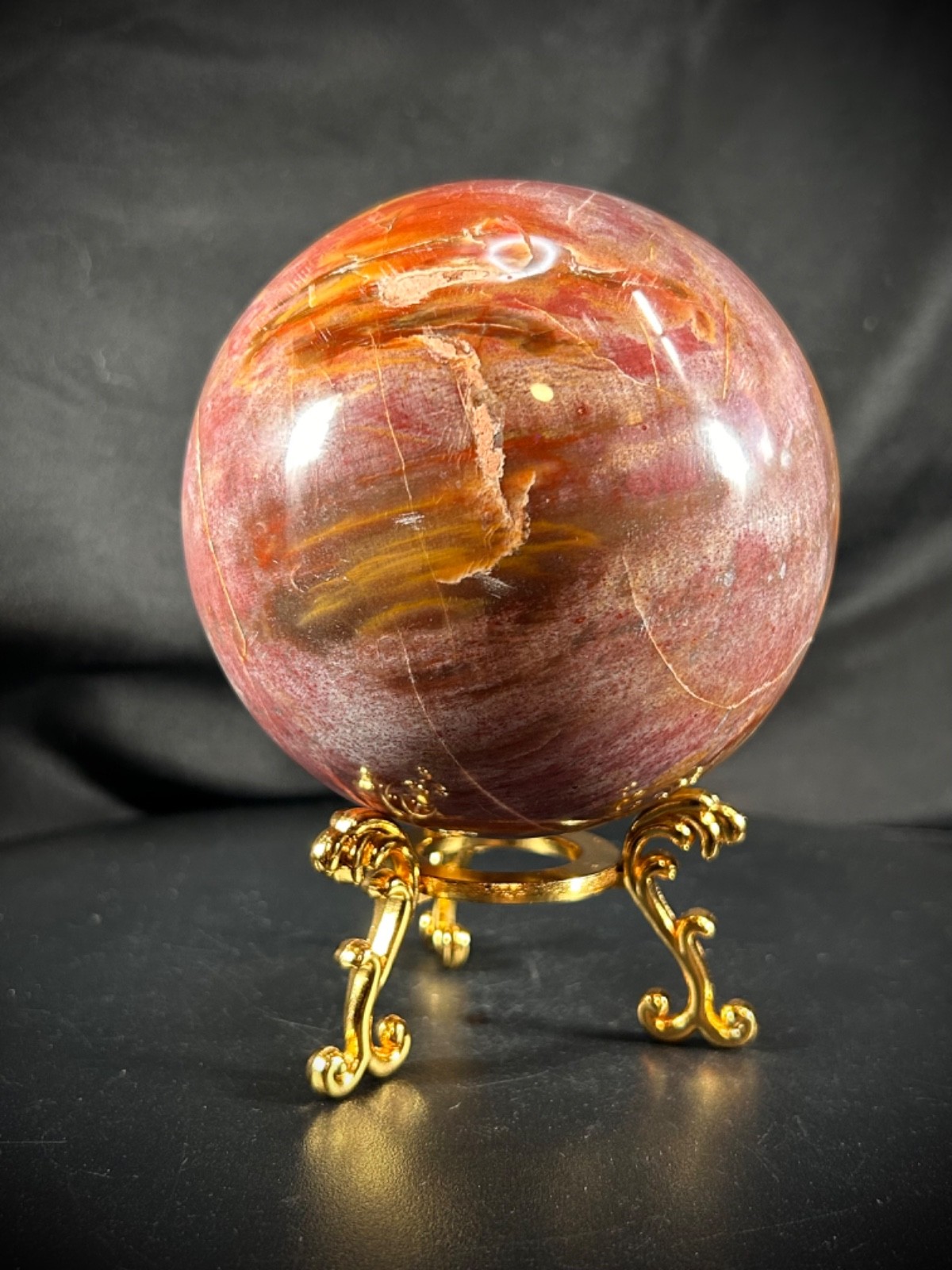 4″ Petrified Wood Sphere With Metal Stand 3lb 0.4oz (1371 grams)