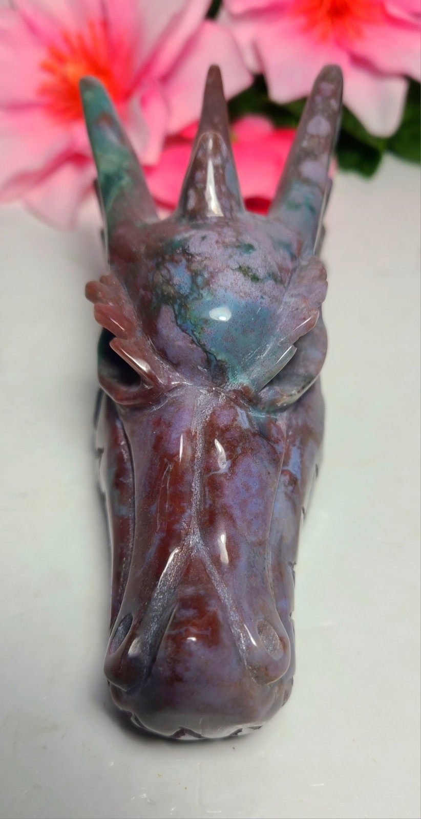 Large 5″ 435g Elegant A++ Ocean Jasper Dragon Head Skull Carving Stone Statue