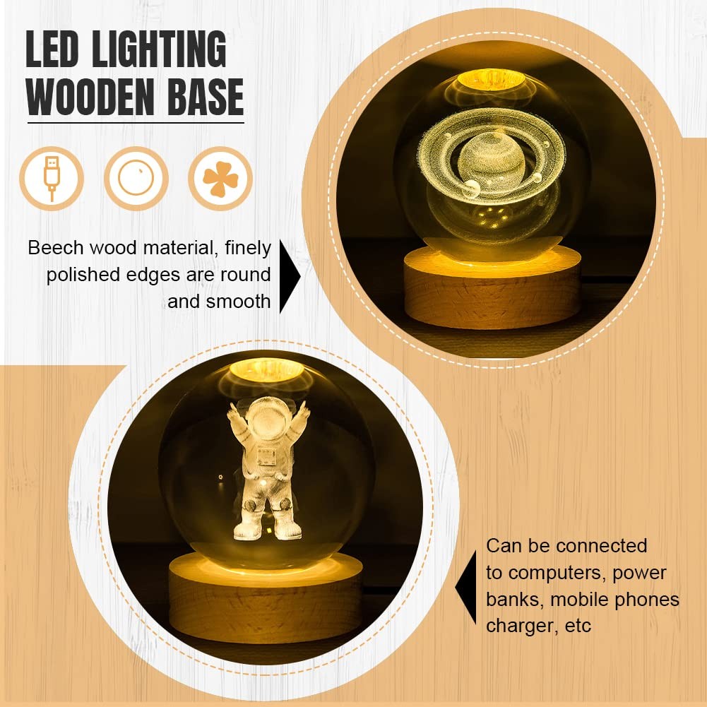 4pcs Wooden Light Base, Round & Square Crystal Sphere Pedestal Stand with USB…