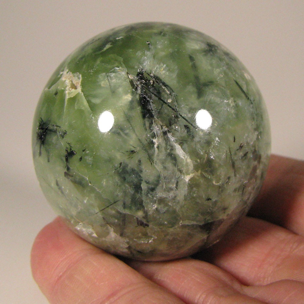2.1″ Green PREHNITE w/ TOURMALINE, EPIDOTE Sphere w/ Stand – Australia – 53mm