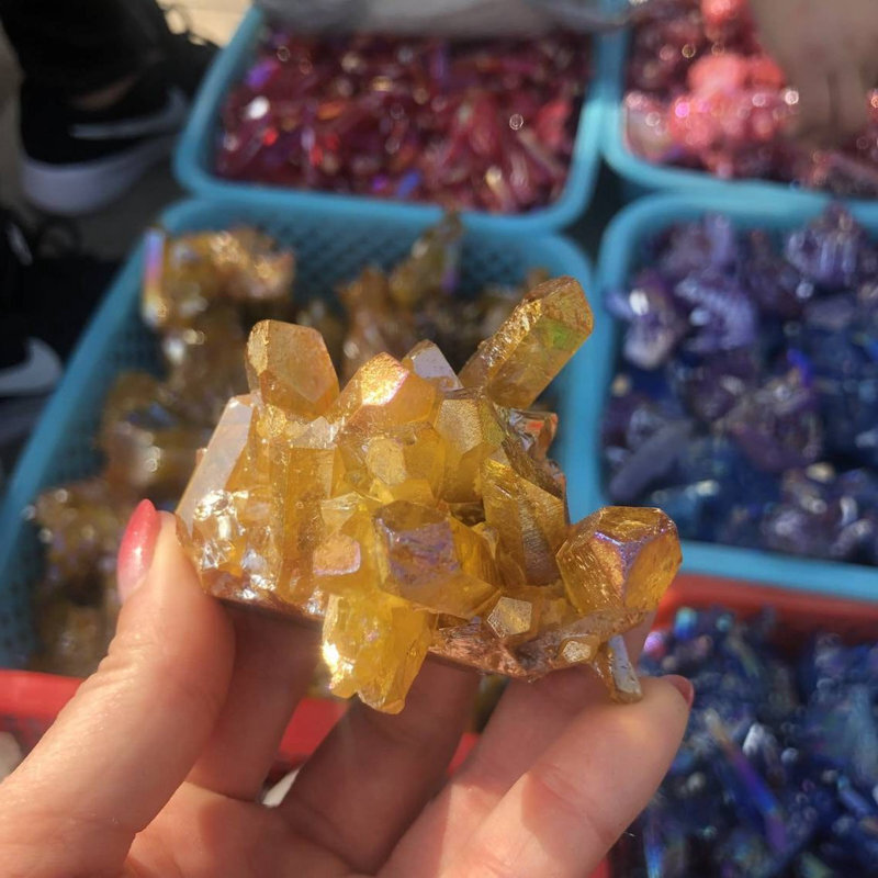 50g Natural Yellow Aura Titanium Stone Quartz Crystal Cluster Geode Specimens US