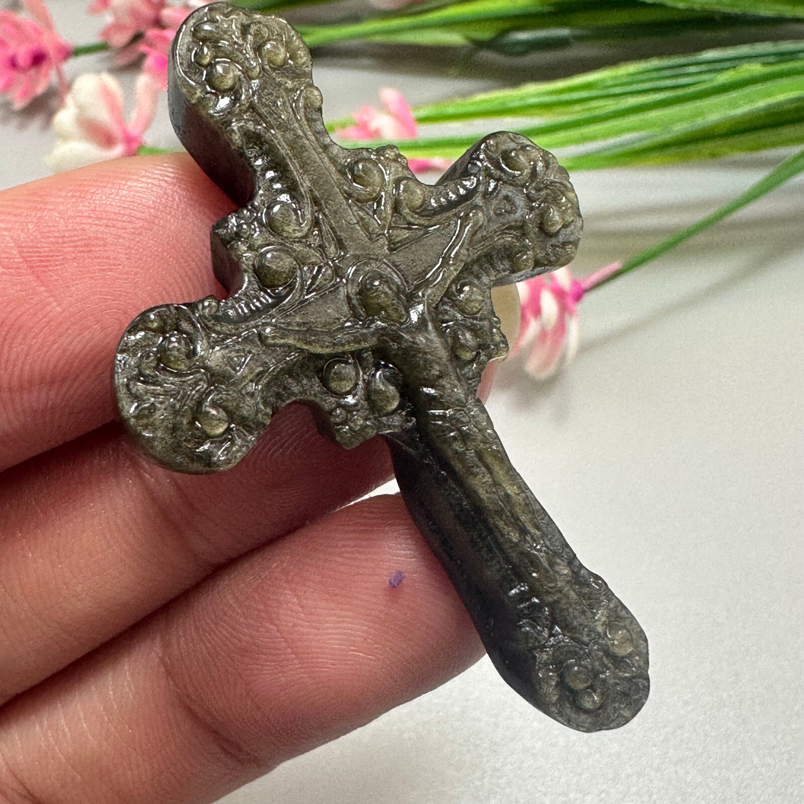 Natural Gold Obsidian Christianity Cross Quartz Jesus Crystal Reiki Healing 1PC