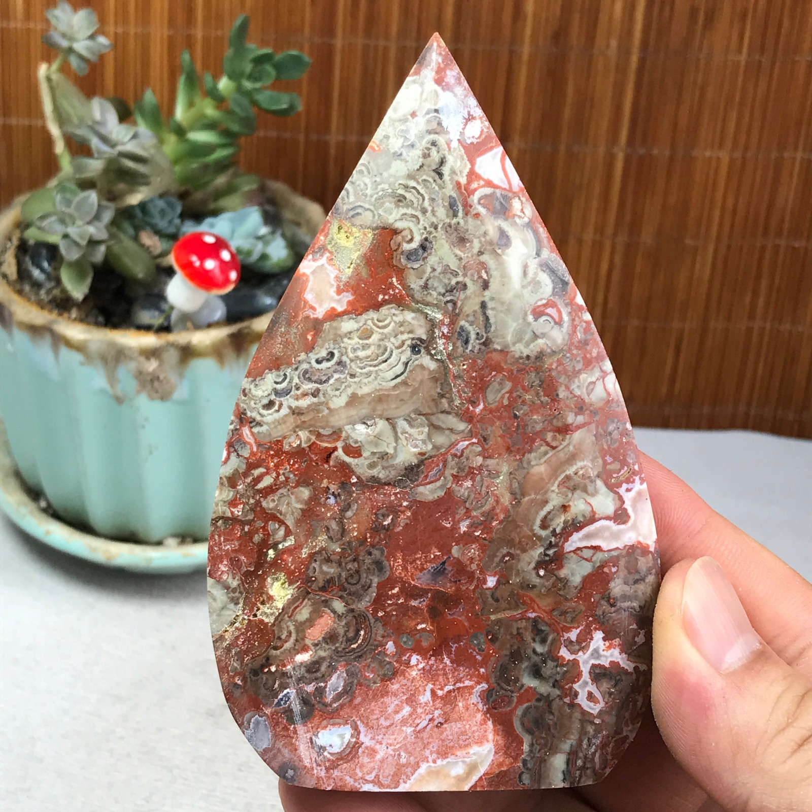 Natural money Mexico agate hand carve leaf Crystal Specimen free standing A6255
