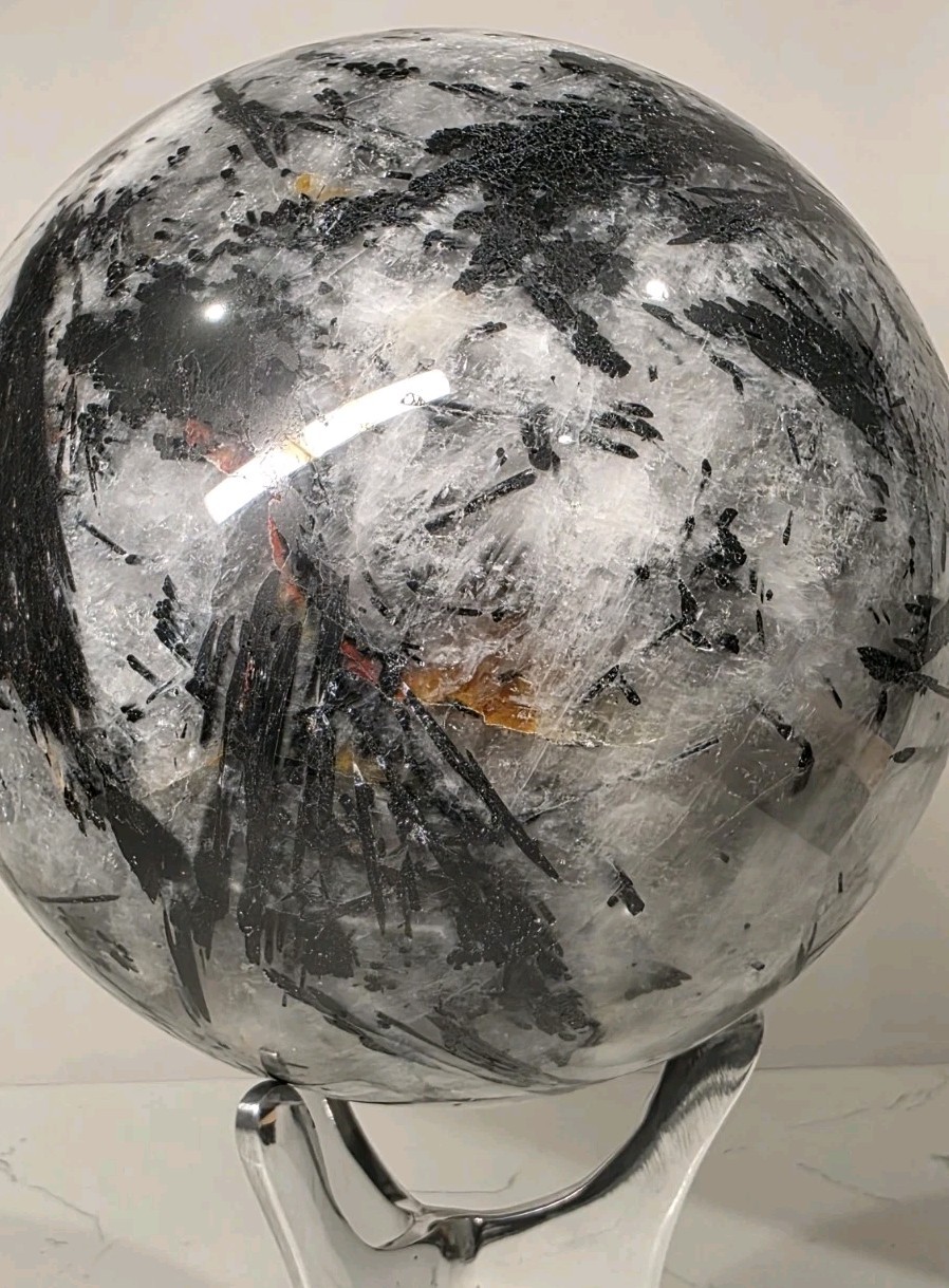 16.8LB 7″ Huge Tourmalinated Quartz Sphere Black Tourmaline Crystal Orb / Stand