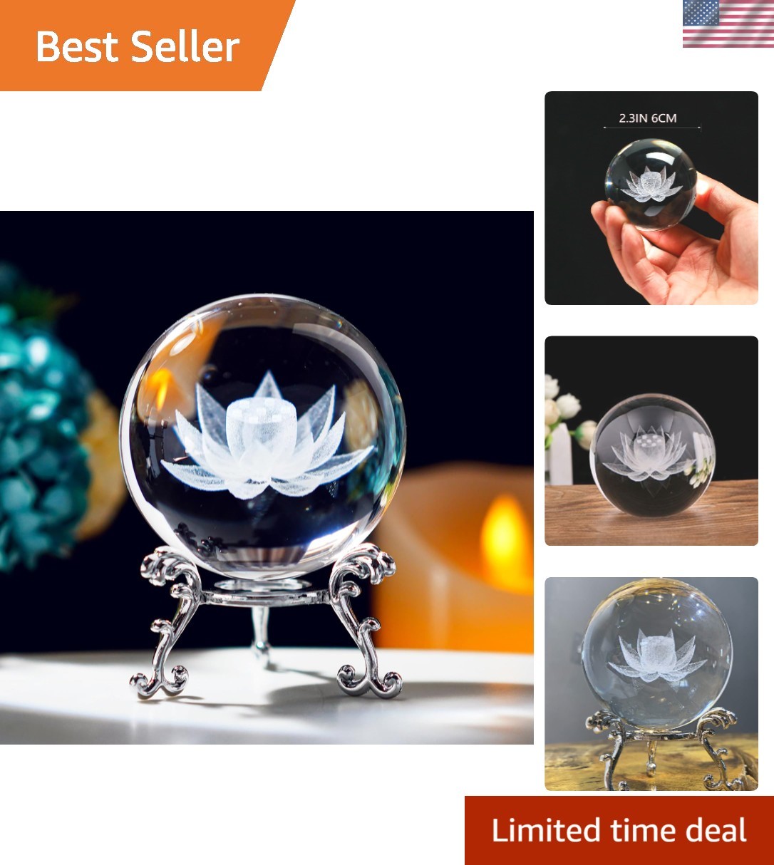 3D Laser Engraved Lotus Flower Crystal Ball – Elegant Paperweight Gift