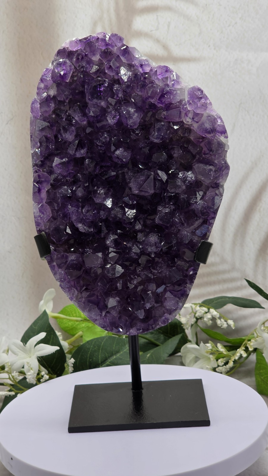 Large Uruguay Amethyst on Black Metal Stand Natural Purple Crystal Display