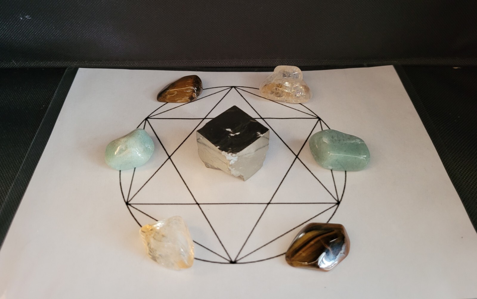 Abundance & Prosperity Crystal Grid -Pyrite Cube, w/ tumbles 