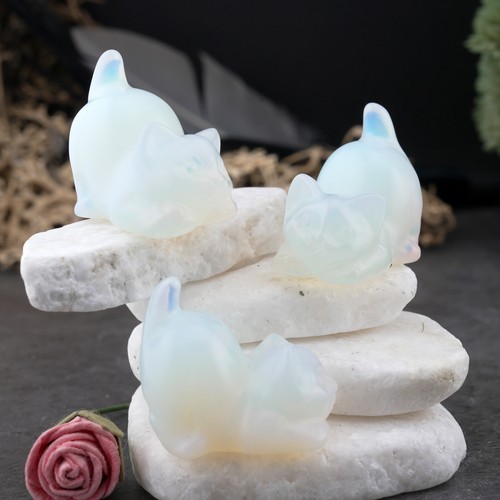 Opalite Crystal Cat Carving Stone Healing Protection Trinket Cat Lover Tier Gift