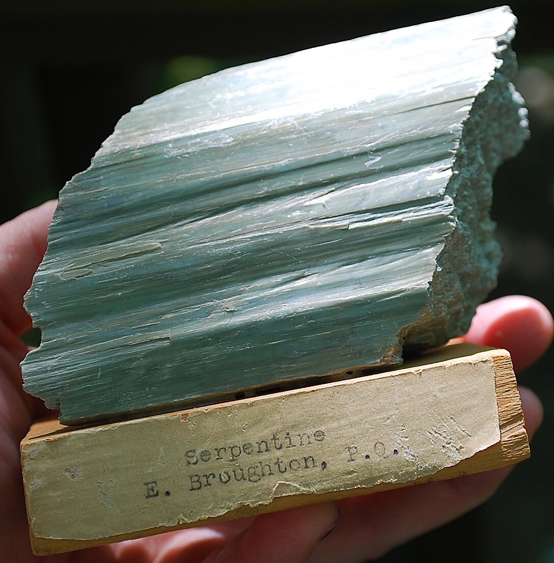 Natural GREEN SERPENTINE STONE Mineral MUSEUM NMBR SPECIMEN Quebec MOUNTED 4.25″